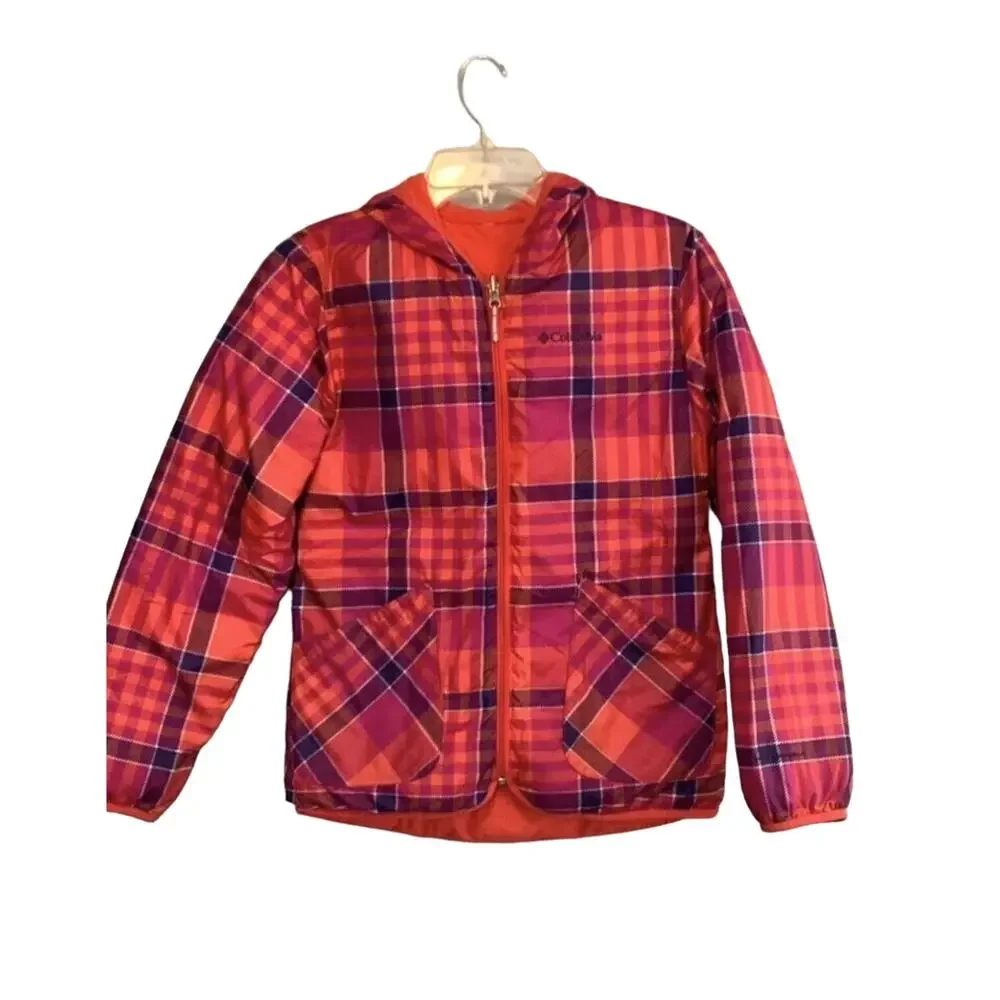 Columbia Girls Reversible Hooded Puffer Jacket Red Plaid Girl’s Large 14/16 Coat